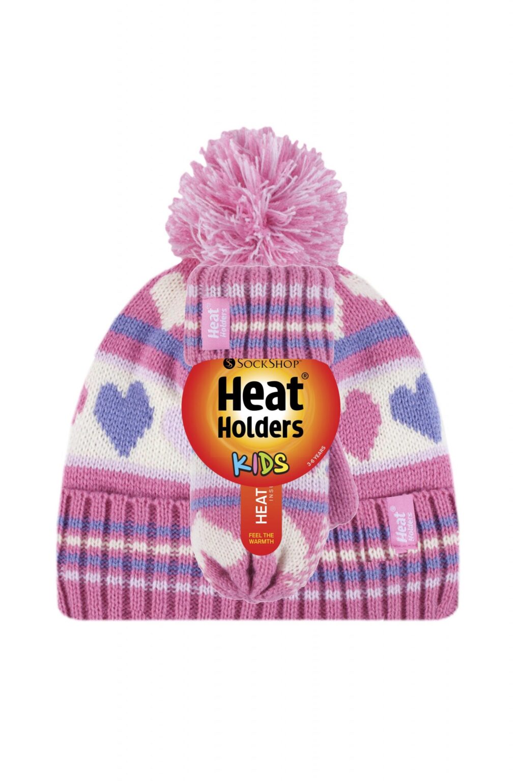 GIRLS JACQUARD HAT WITH POM POM & MITTENS - PINK HEARTS